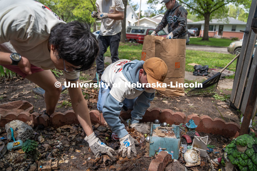 Delta Phi Fraternity’s Ben Huffer and Quinny Brumbaugh, clear away leaves and debris from a homeowner’s decorated garden during the Big Event. May 4, 2024. Photo by Kirk Rangel for University Communication.